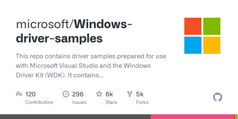 GitHub - microsoft/Windows-driver-samples: This repo contains driver samples prepared for use with Microsoft Visual Studio and the Windows Driver Kit (WDK). It contains both Universal Windows Driver and desktop-only driver samples.