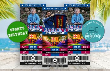 Editable Lionel Messi Barcelona FC Birthday Ticket Invites | Bobotemp