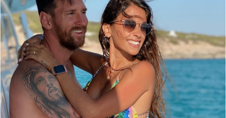 Lionel Messi et son épouse Antonela Roccuzzo en juillet 2020. -  Purepeople