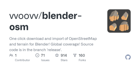 GitHub - vvoovv/blender-osm: One click download and import of OpenStreetMap and terrain for Blender! Global coverage! Source code is in the branch 'release'.