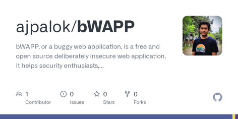 GitHub - ajpalok/bWAPP: bWAPP, or a buggy web application, is a free and open source deliberately insecure web application. It helps security enthusiasts, developers and students to discover and to prevent web vulnerabilities. bWAPP prepares one to conduct successful penetration testing and ethical hacking projects. bWAPP is for web application security-testing and educational purposes only with over 100 web vulnerabilities!.Have fun with this free and open source project by Malik Mesellem.