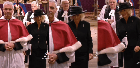 Em turnê com rei Charles em Gales, Camilla prende sapato no chão