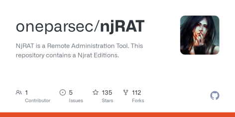 GitHub - oneparsec/njRAT: NjRAT is a Remote Administration Tool. This repository contains a Njrat Editions.