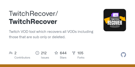 GitHub - TwitchRecover/TwitchRecover: Twitch VOD tool which recovers all VODs including those that are sub only or deleted.