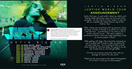 
            Justin Bieber takes break from Justice World Tour for health reasons; Asia leg to continue, according to AEG Asia â¢ l!fe â¢ The Philippine Star
        