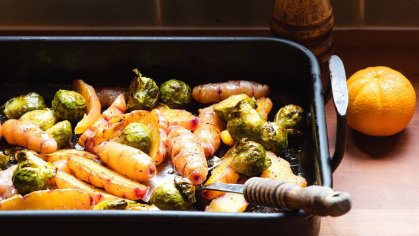 Orange and honey roasted Brussels sprouts and yams | Stuff.co.nz