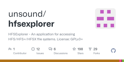 GitHub - unsound/hfsexplorer: HFSExplorer - An application for accessing HFS/HFS+/HFSX file systems. License: GPLv3+