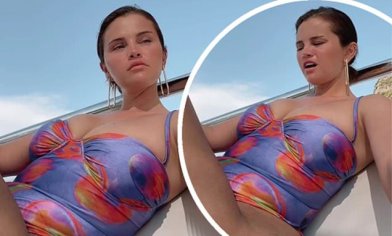 Makeup-free Selena Gomez shares body positive TikTok in skintight swimsuit | Daily Mail Online