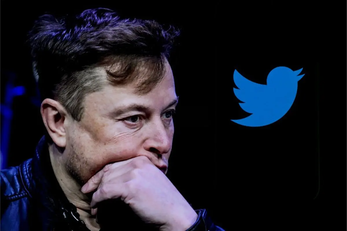 Worried face of Elon Musk beside Twitter logo