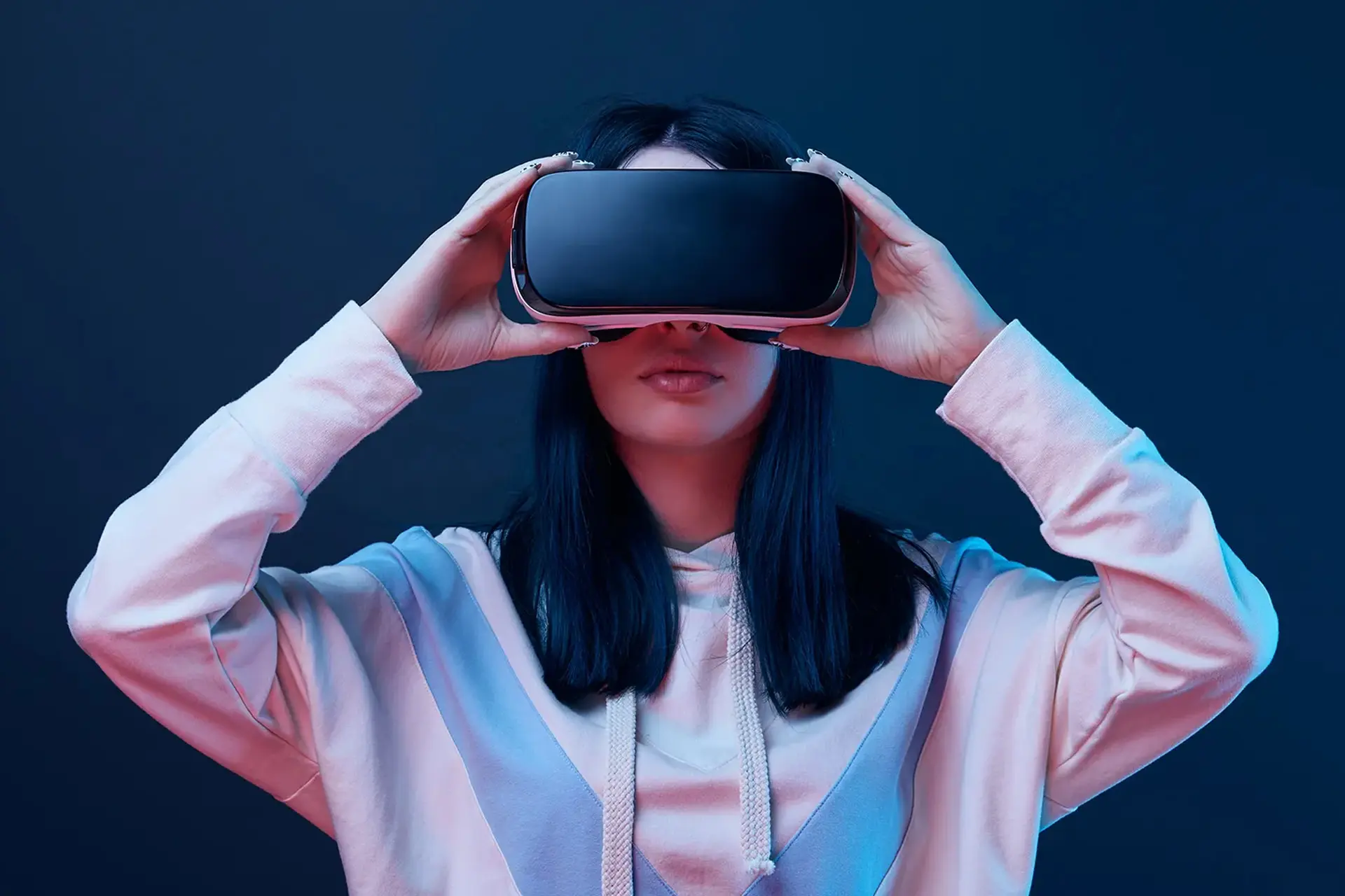 A woman with an Apple VR headset in an unofficial design