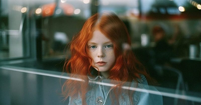 A girl with orange hair behind the window