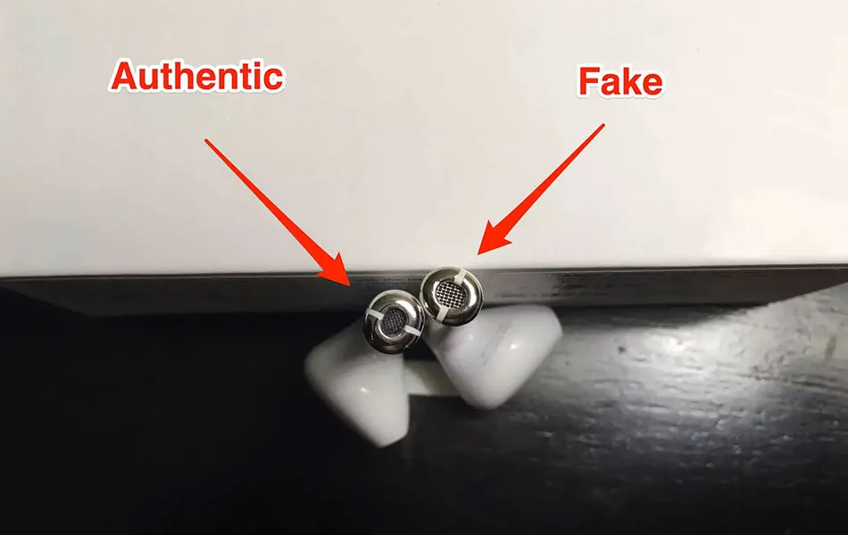 Comparison of original and fake AirPods bottoms