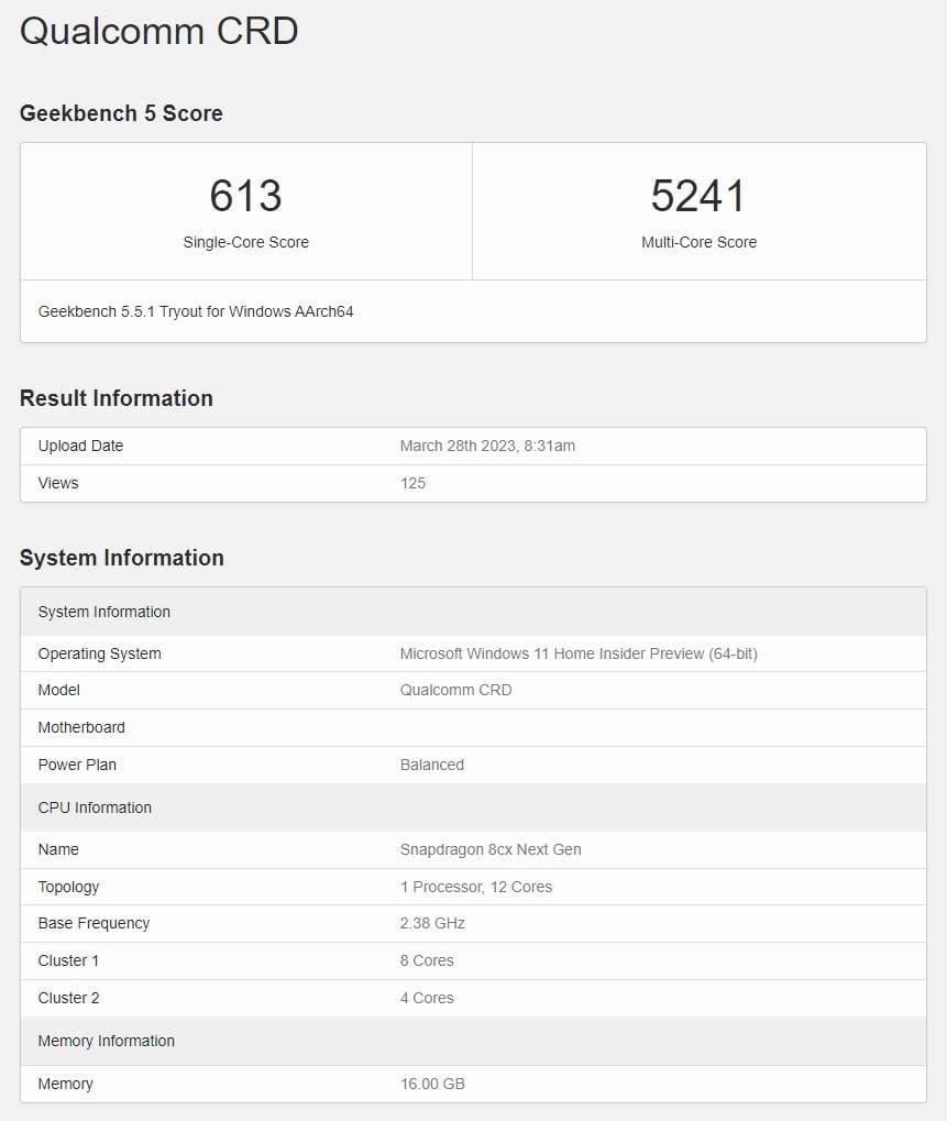 Geekbench score of engineering sample of Snapdragon 8cx Gen 4 chip