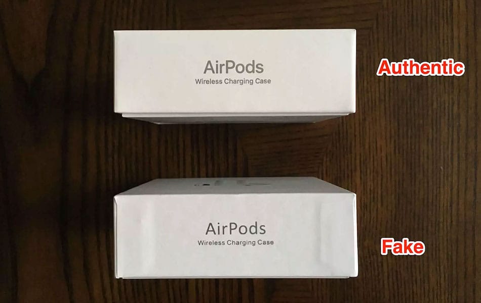 Comparison of AirPods name in the original and fake AirPod box