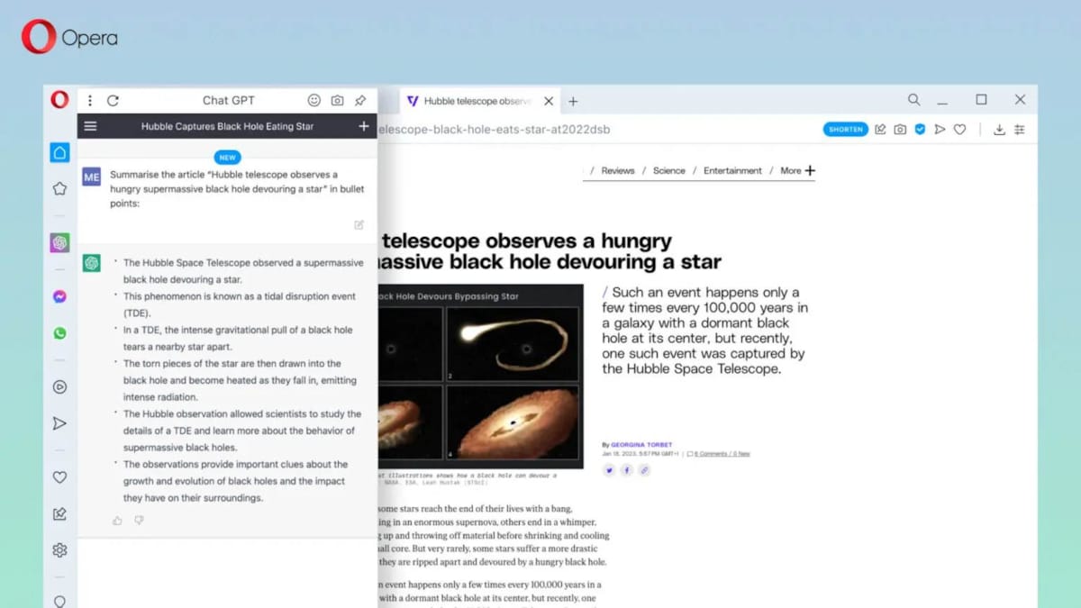 Articles summarization capability with ChatGPT in Opera browser