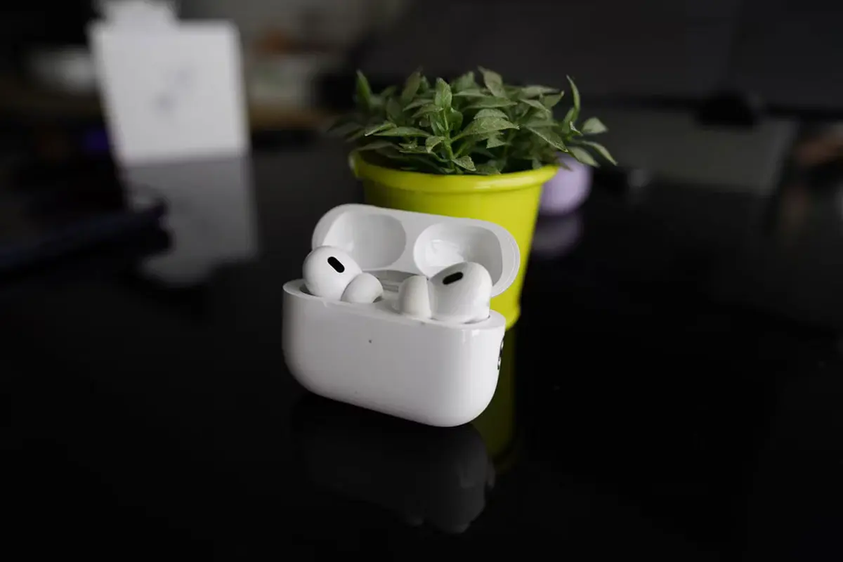 A picture of AirPods Pro next to a plant