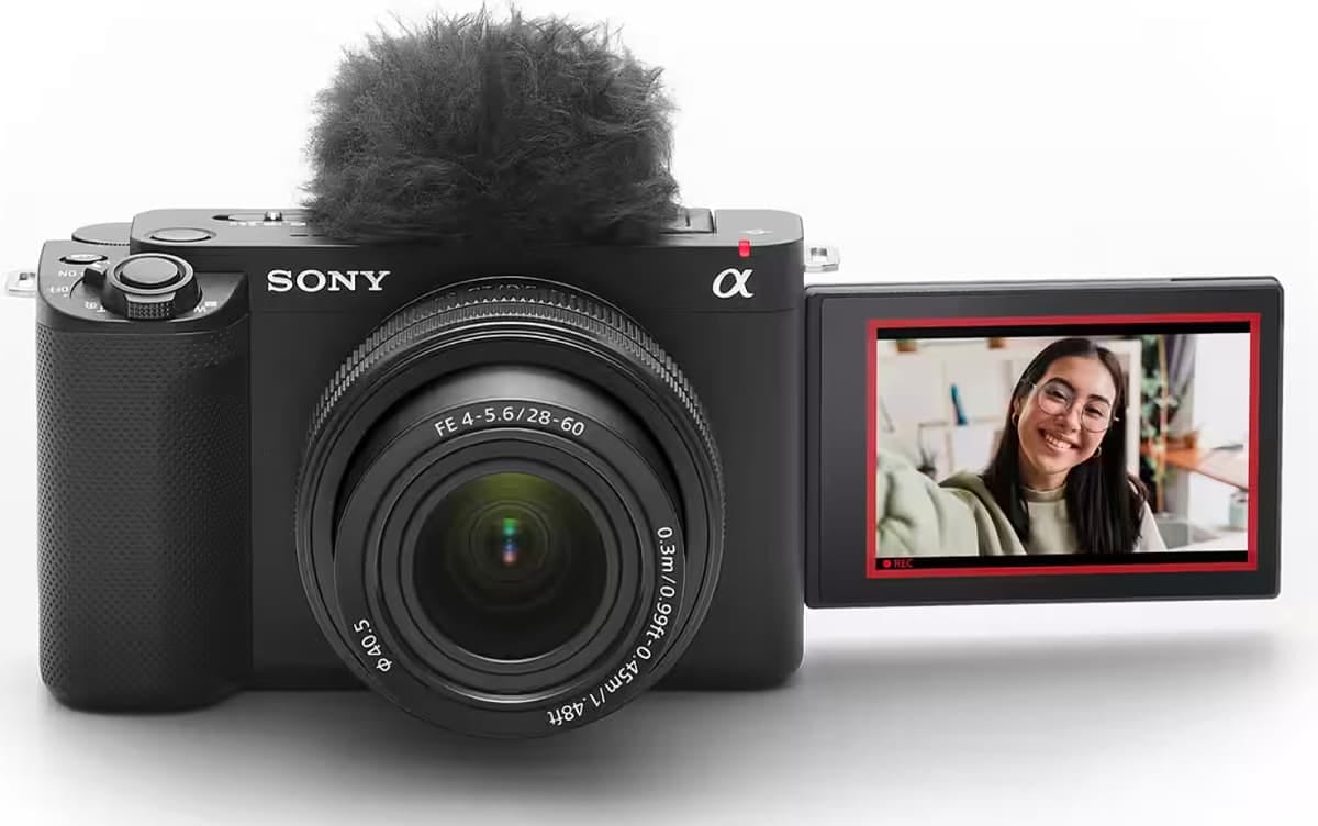 Sony ZV-E1 camera front view with LCD display