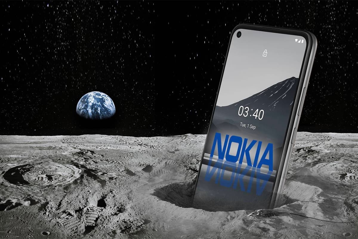 Nokia phone in the month with earth and dark space background