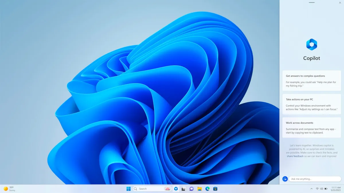 Microsoft Windows 11 desktop with Windows Copilot