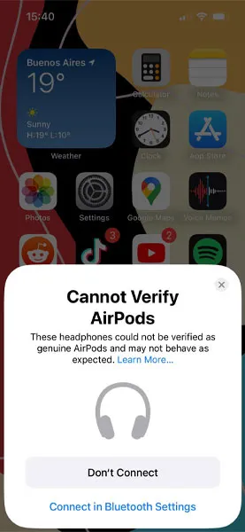 Warning about fake AirPods on iOS 16