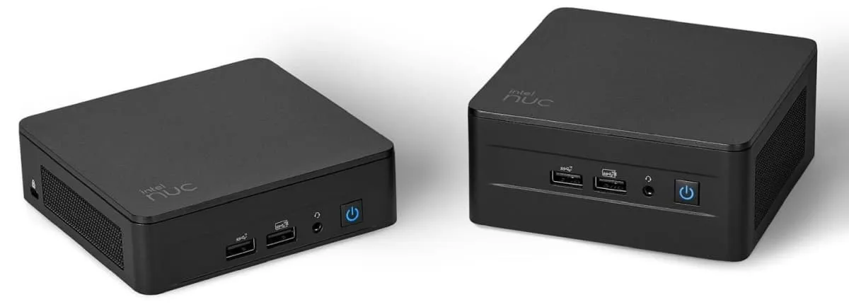 Intel NUC 13 Pro computer from the front and rear