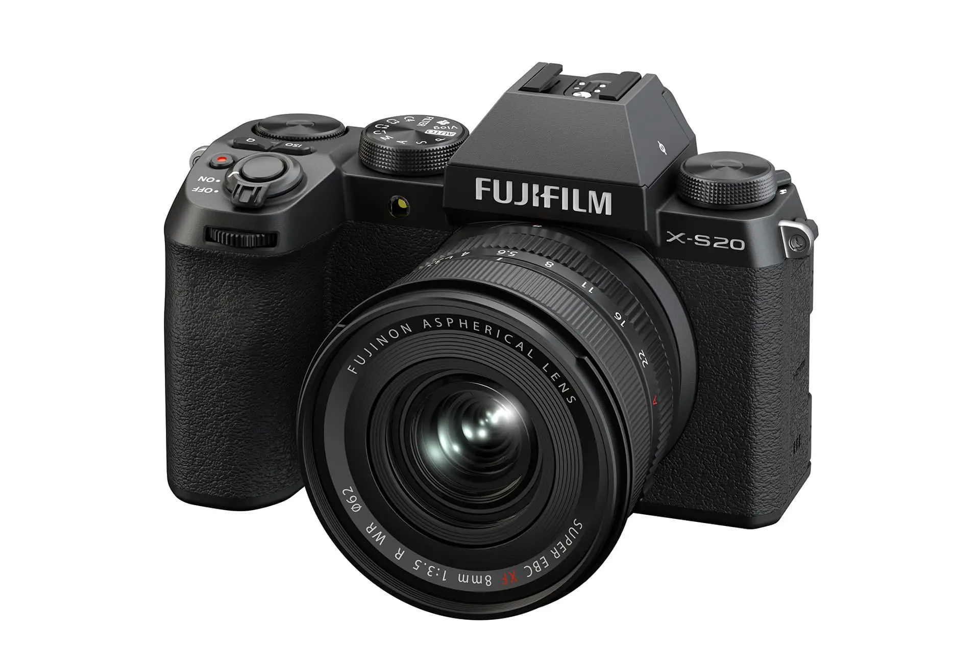 Front view of Fujifilm X-S20 camera with lens