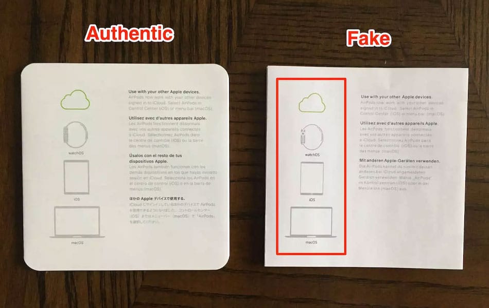 Comparison of book icons for authentic and fake AirPods